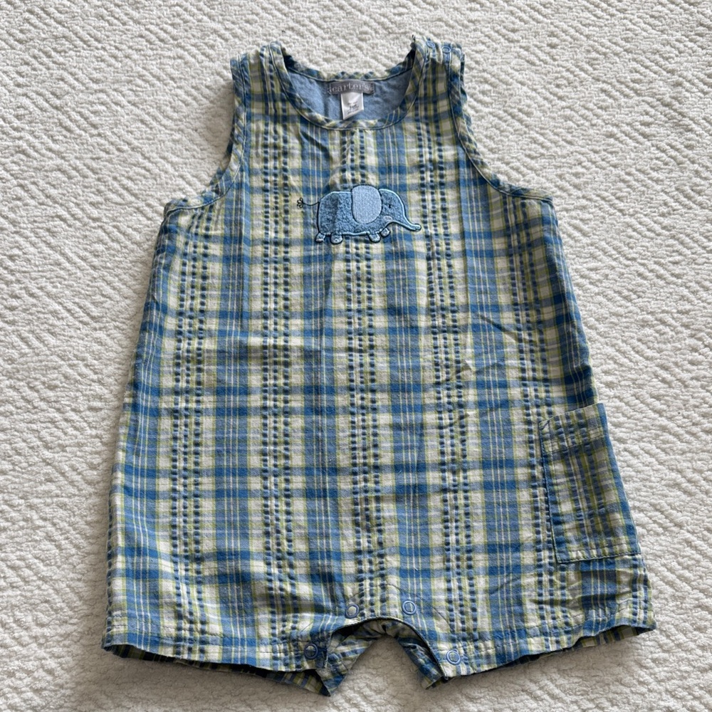 Vintage Carter's Blue and Green Plaid Elephant Romper Sz 24M